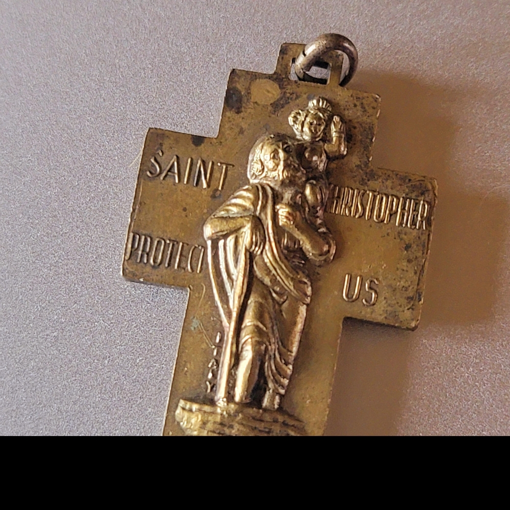 Bronze Saint Christopher Jesus Mary And Joseph Cross Catholic Christian Pendant